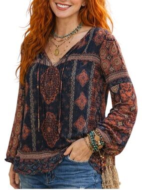 Lucky Brand Boho Red & Navy Floral Geometric  V Neck Flowy Blouse Top Small